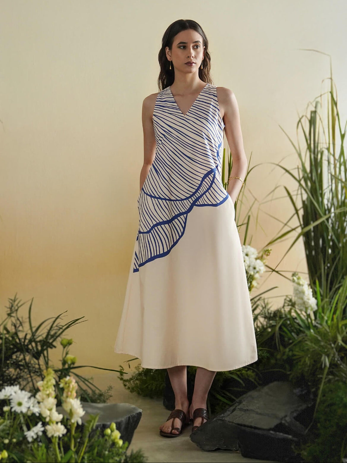 Cotton Abstract A-Line Dress - Off White