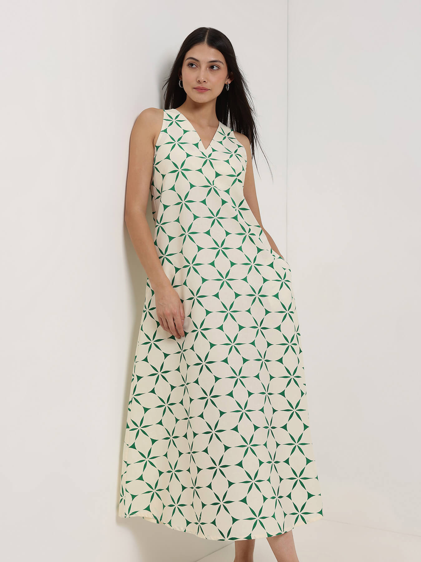 Cotton Geometric A-Line Dress - Off White & Green