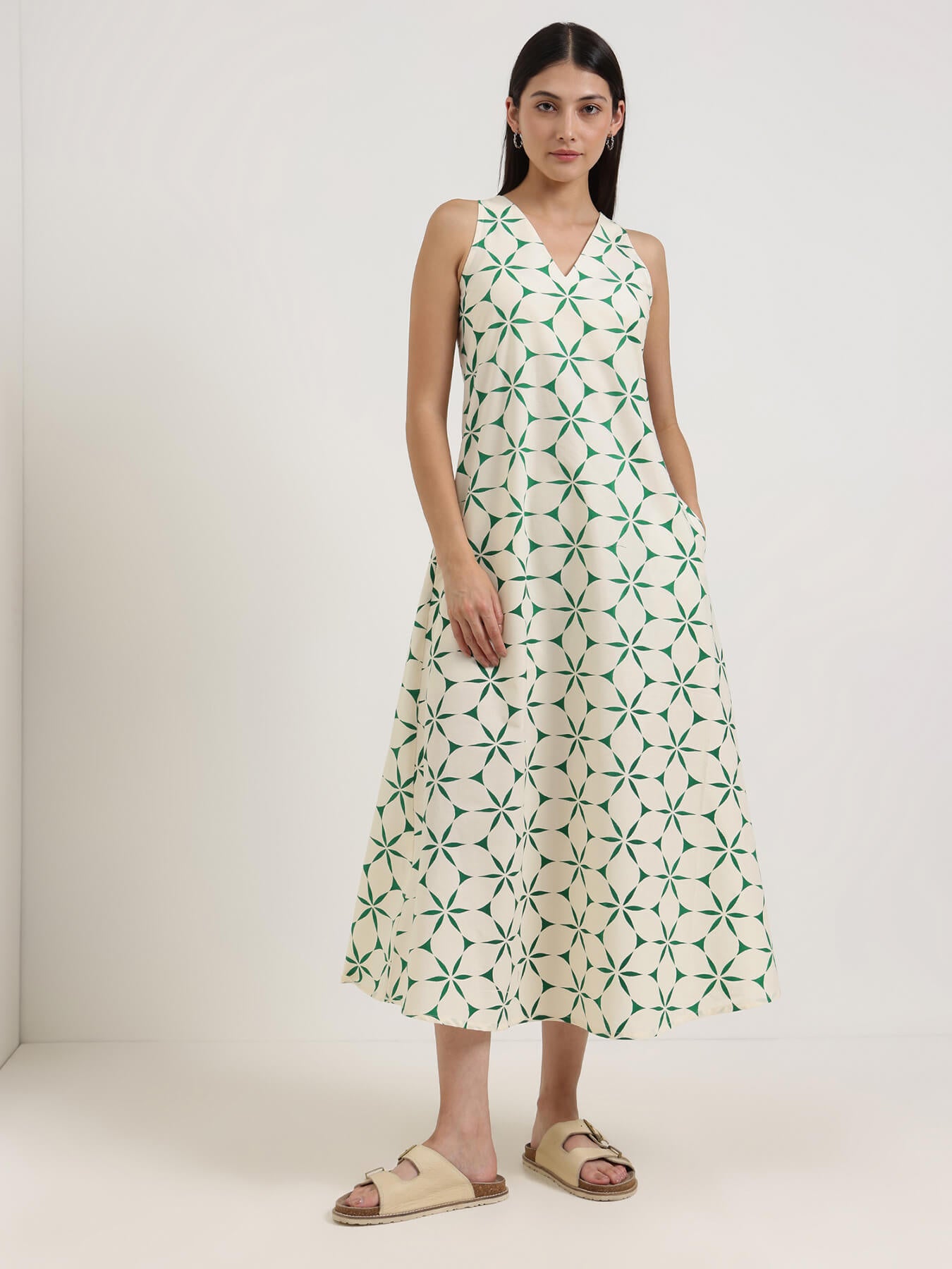 Cotton Geometric A-Line Dress - Off White & Green