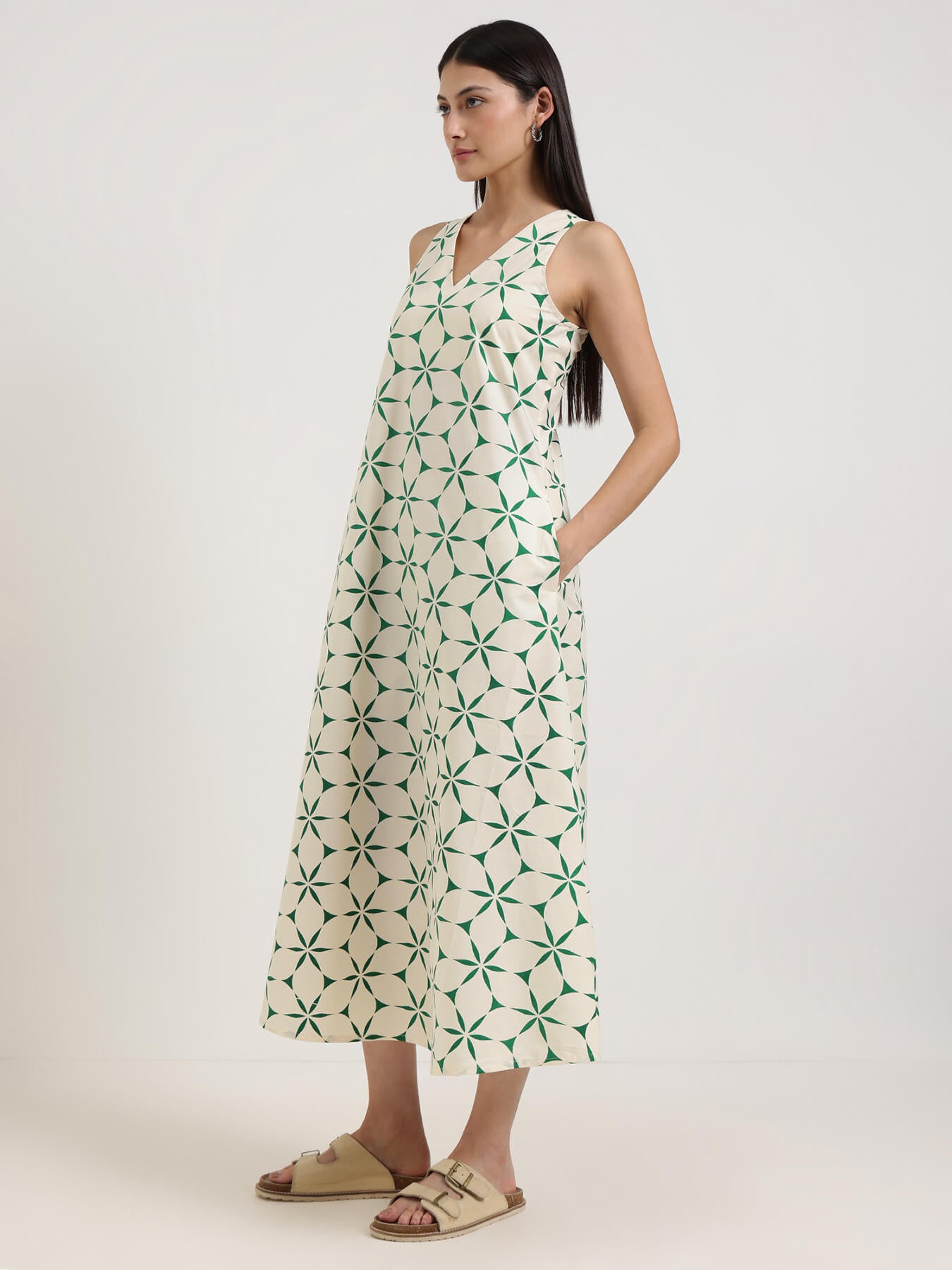 Cotton Geometric A-Line Dress - Off White & Green