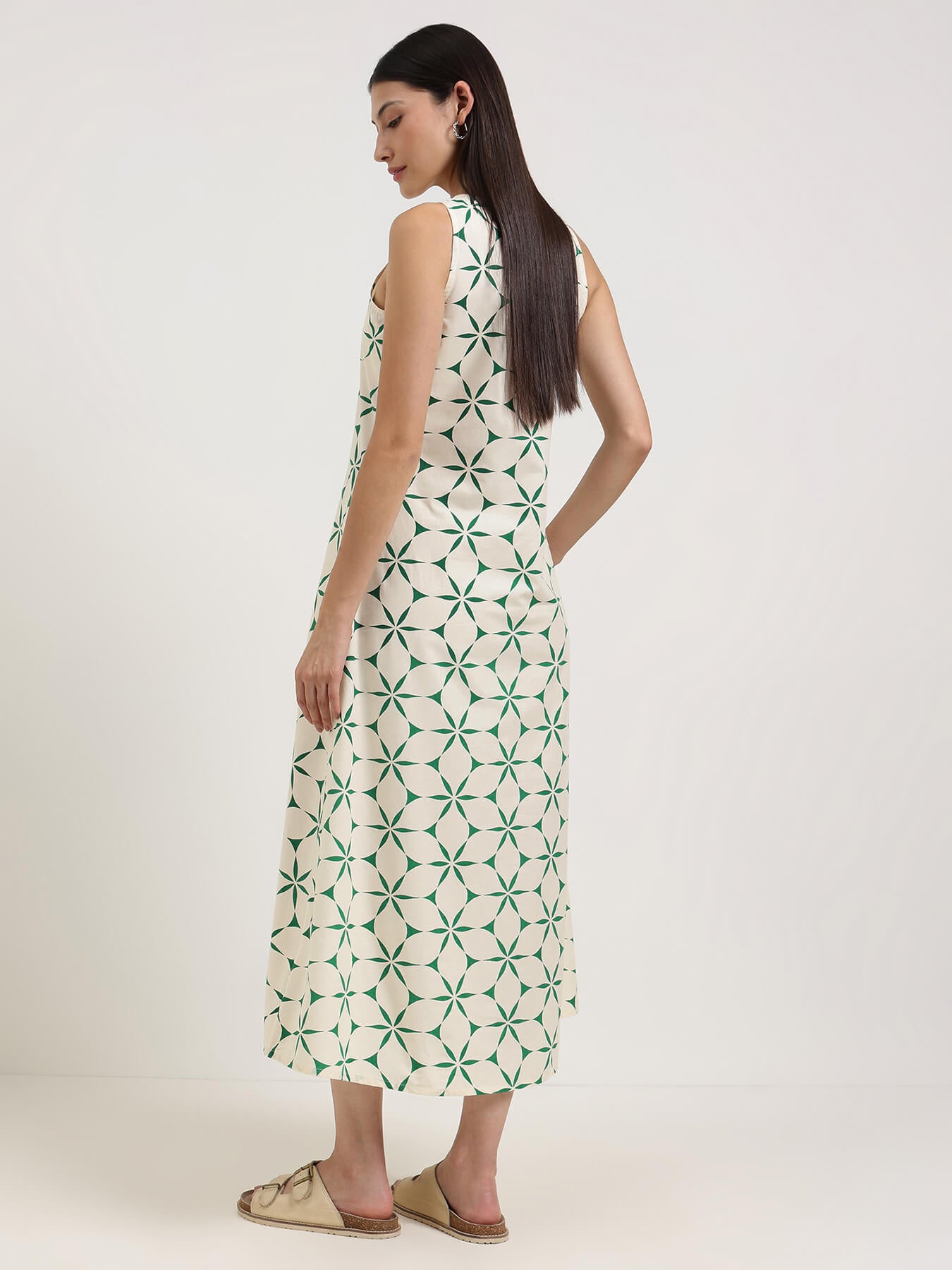 Cotton Geometric A-Line Dress - Off White & Green