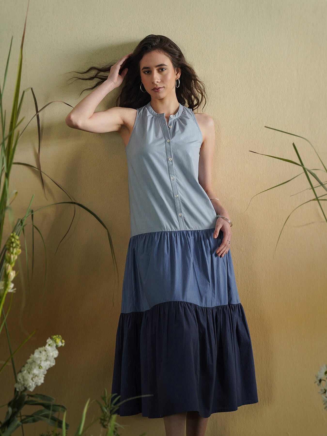 Cotton Colourblock Fit and Flare Dress - Blue