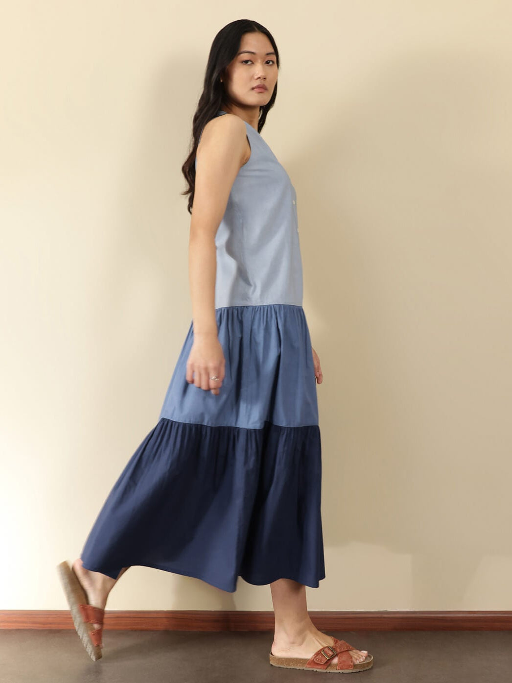 Cotton Colourblock Fit and Flare Dress - Blue