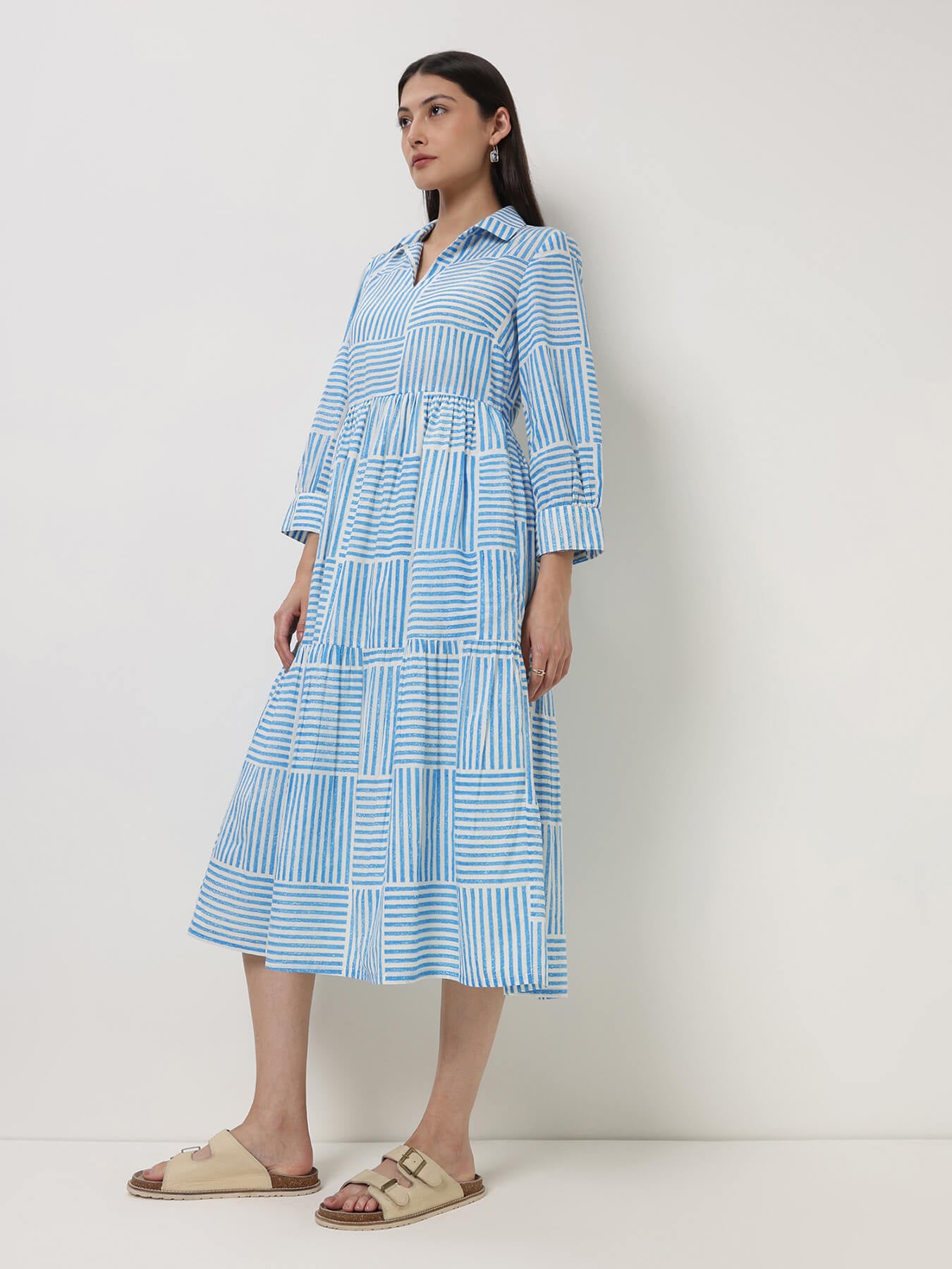 Cotton Geometric Shirt Collar Dress - Off White & Blue