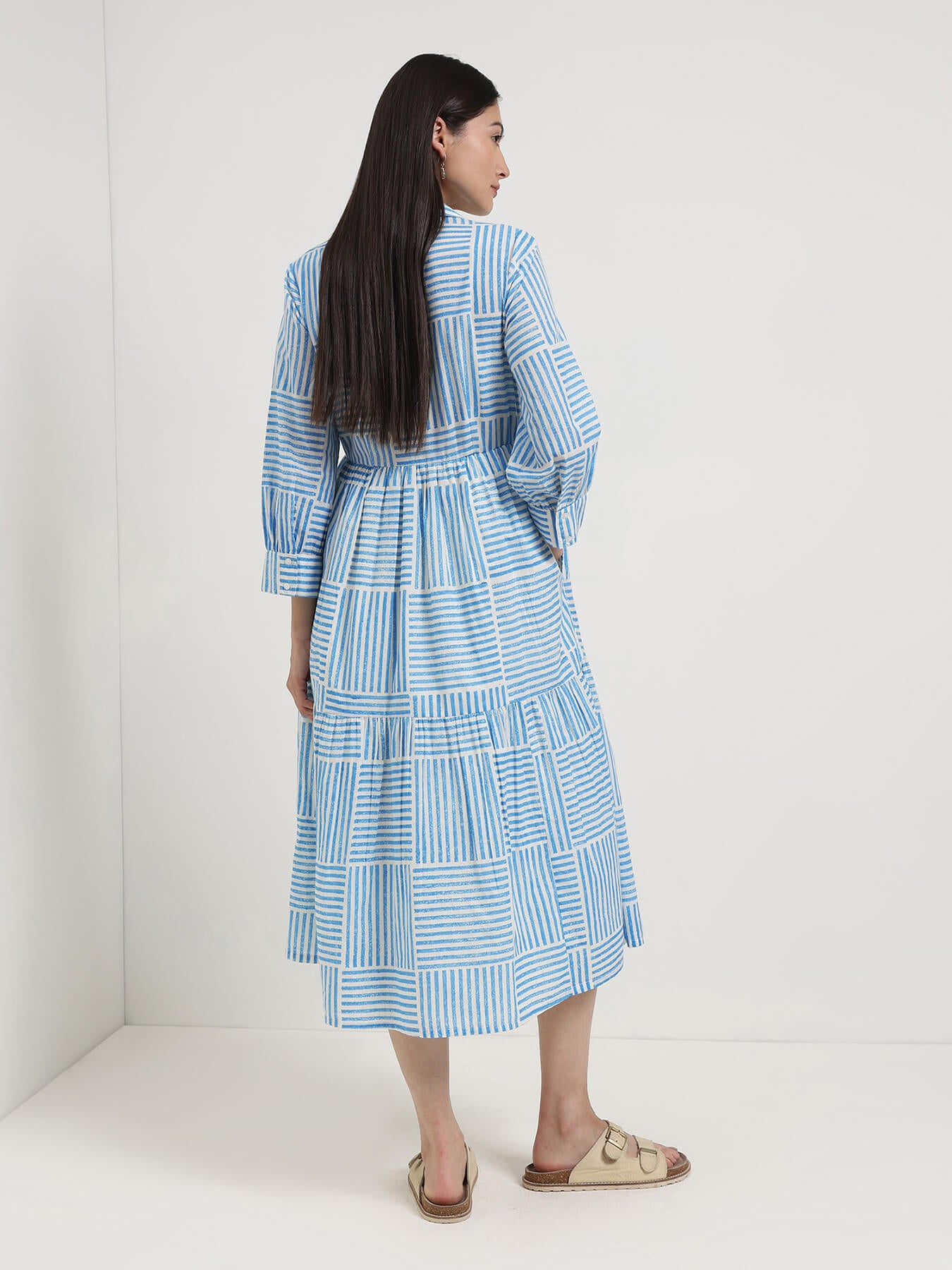 Cotton Geometric Shirt Collar Dress - Off White & Blue