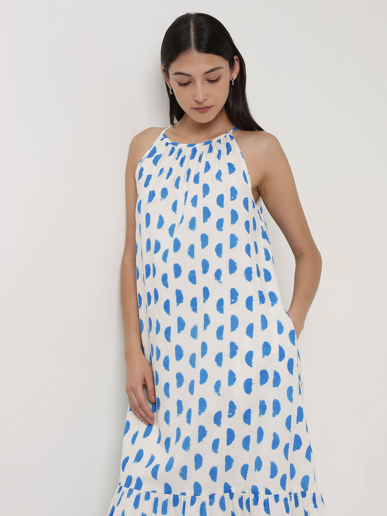 Cotton Geometric Fit and Flare Dress - Off White & Blue