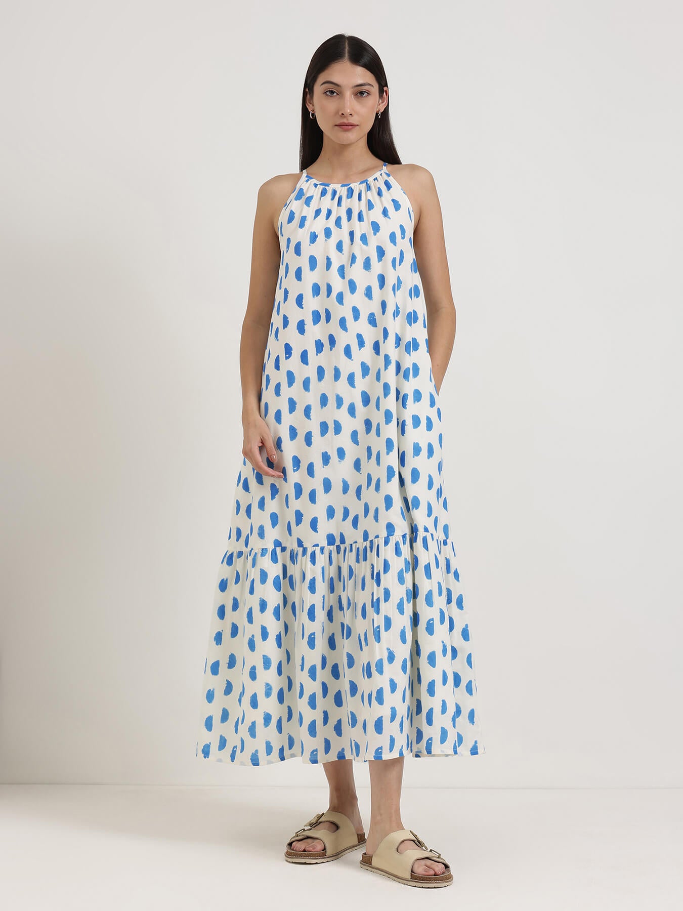 Cotton Geometric Fit and Flare Dress - Off White & Blue
