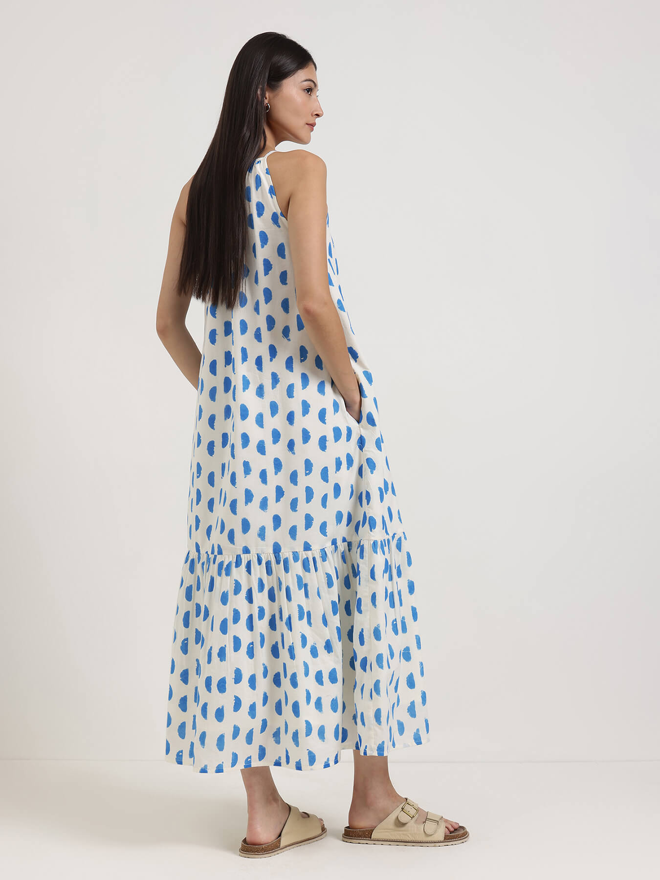 Cotton Geometric Fit and Flare Dress - Off White & Blue