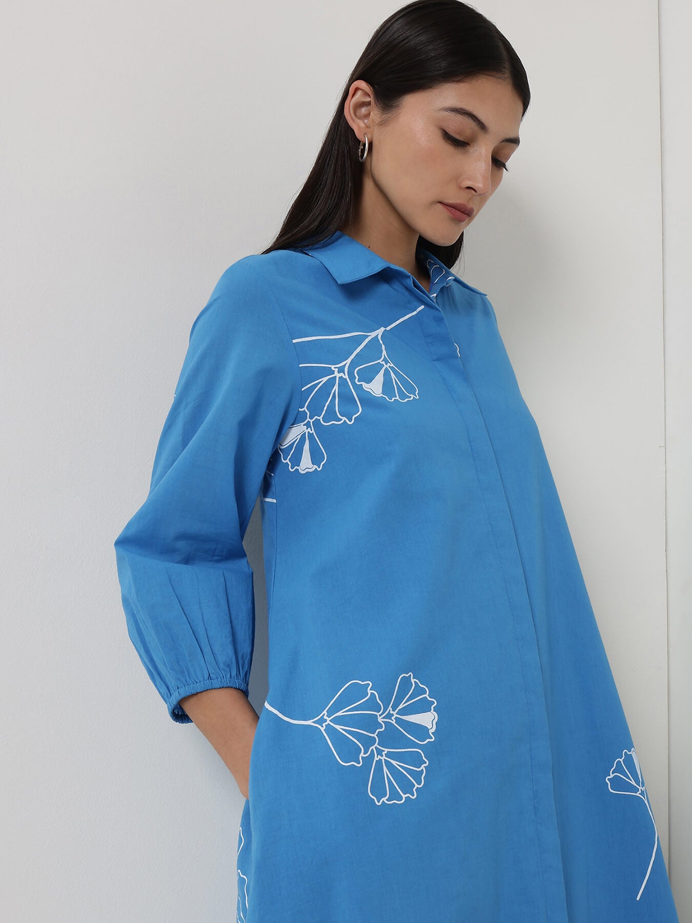 Cotton Floral Shirt Collar Dress - Blue