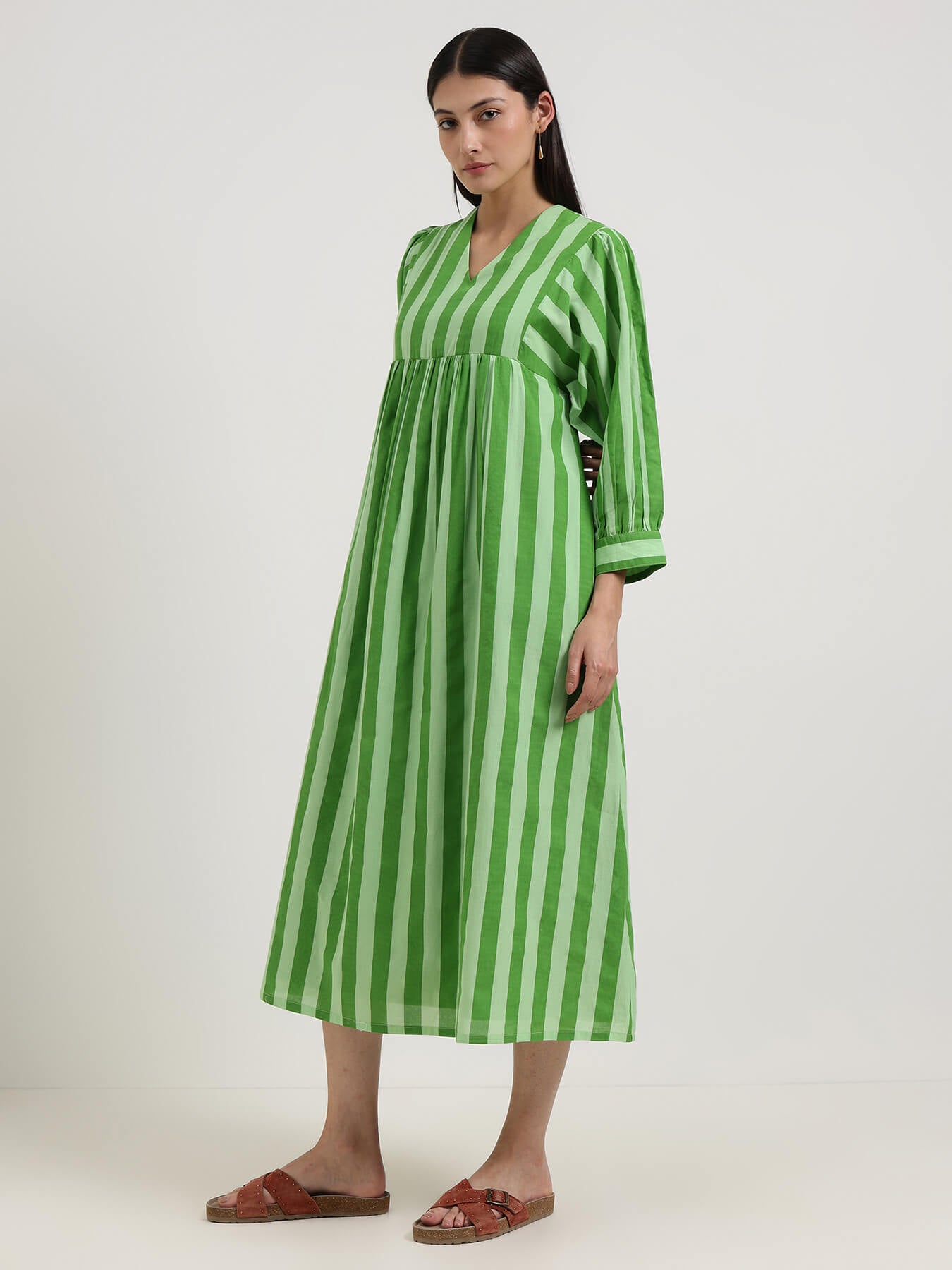Cotton Striped V-Neck Dress - Green