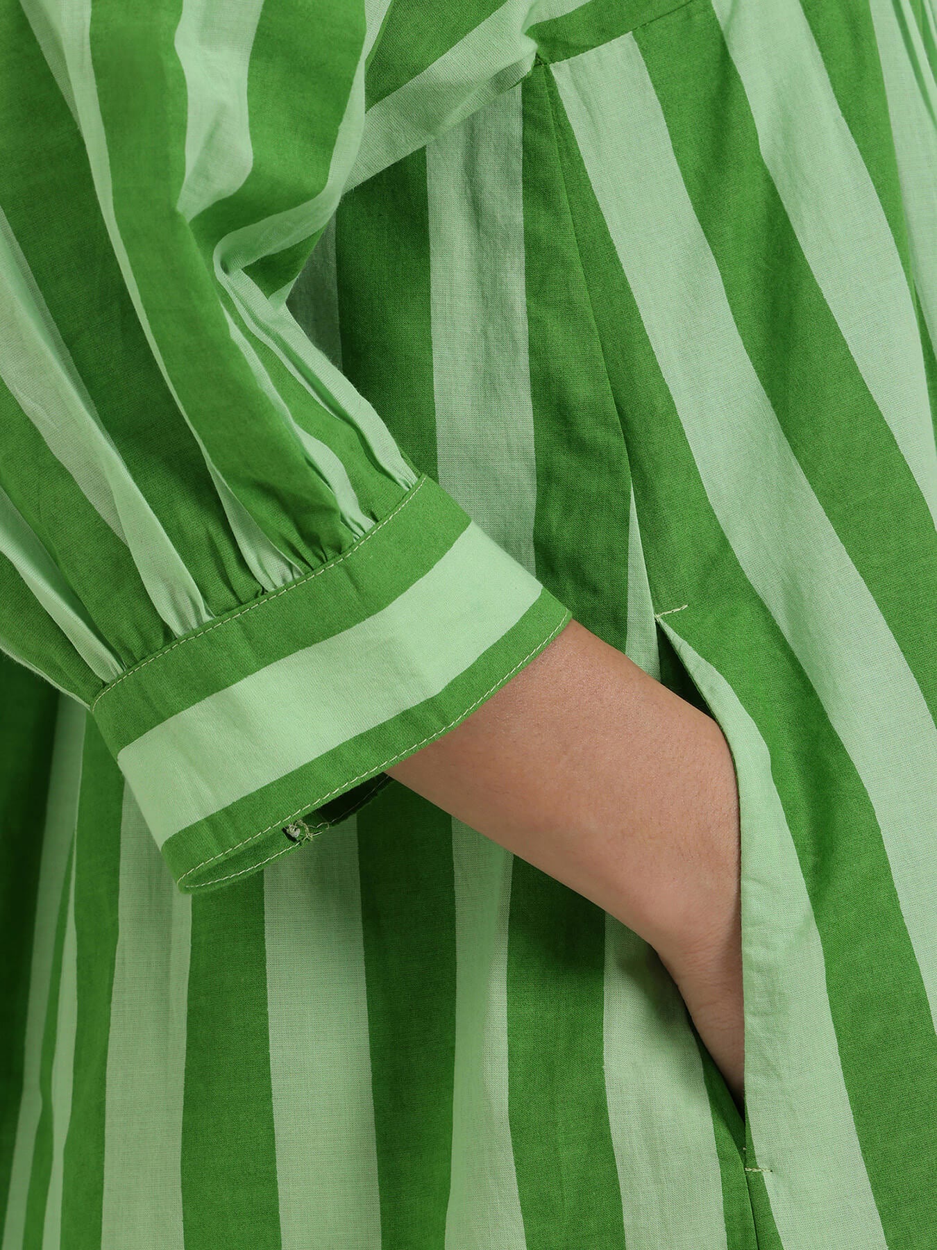 Cotton Striped V-Neck Dress - Green