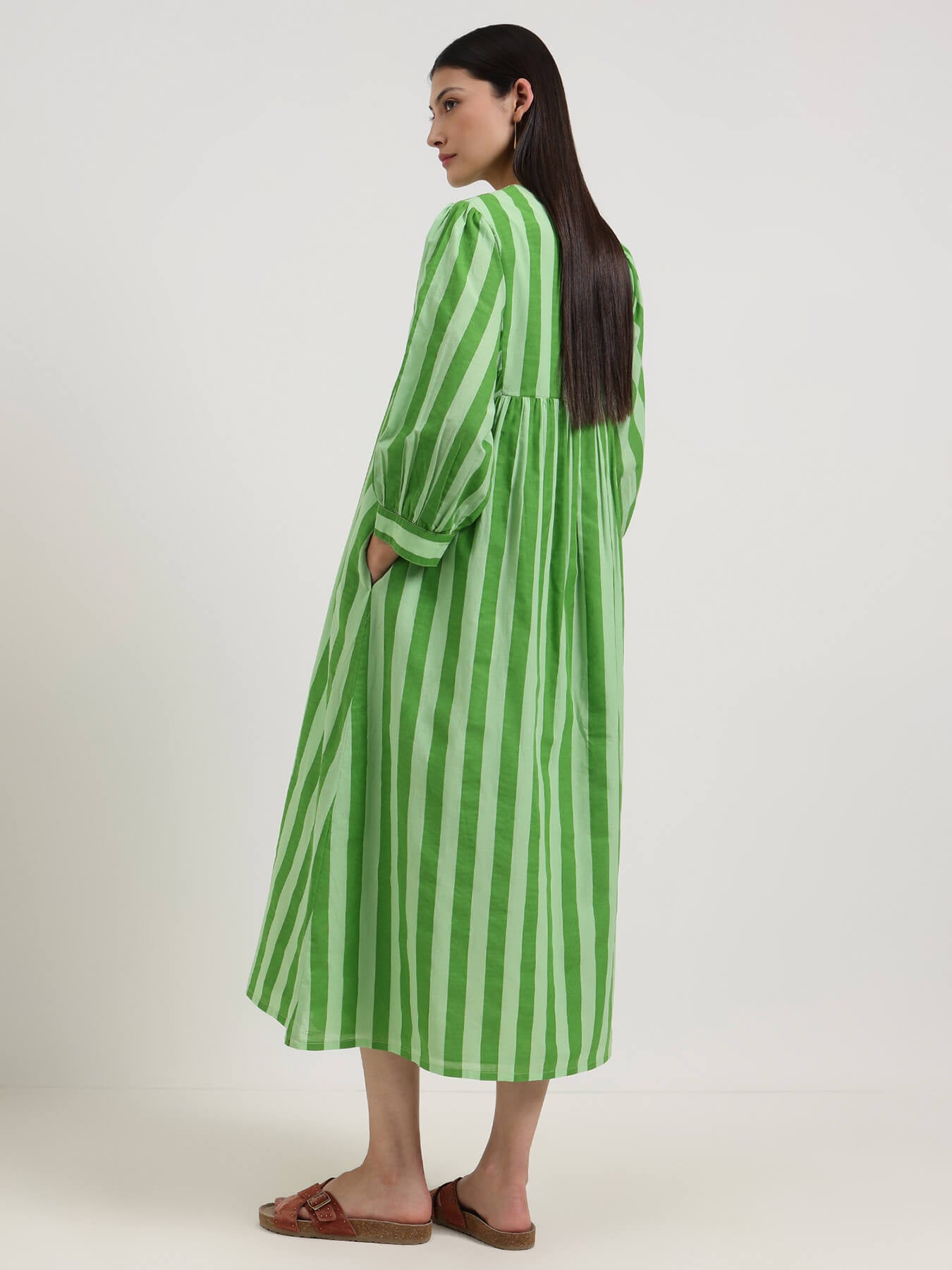 Cotton Striped V-Neck Dress - Green