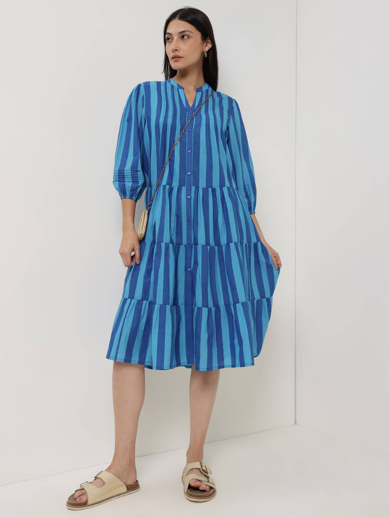Cotton Striped Fit and Flare Dress - Blue