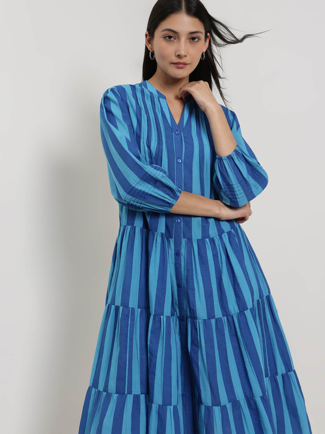 Cotton Striped Fit and Flare Dress - Blue