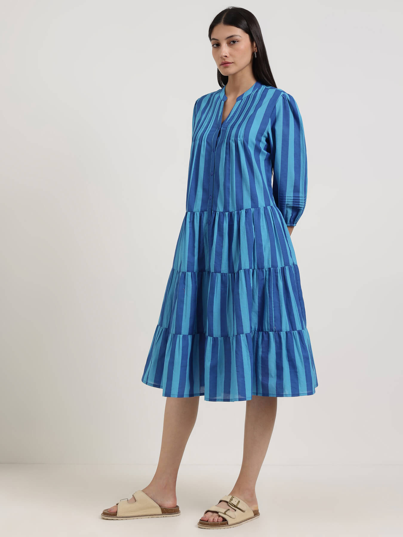 Cotton Striped Fit and Flare Dress - Blue