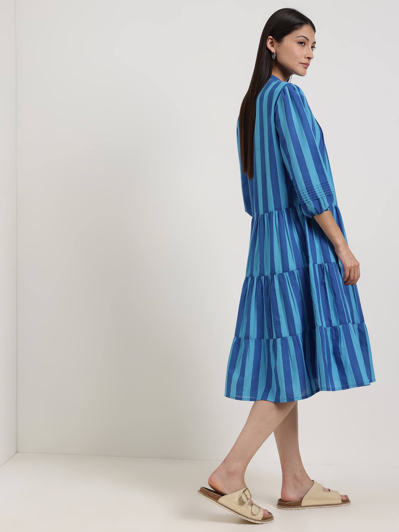 Cotton Striped Fit and Flare Dress - Blue
