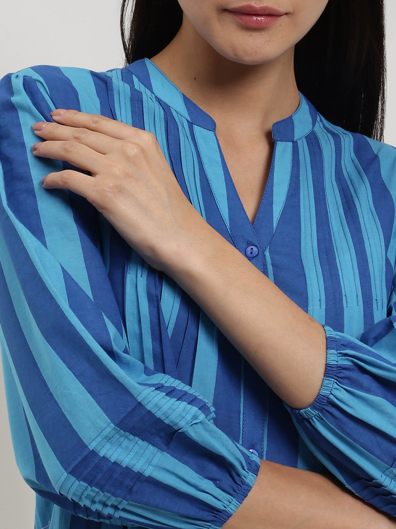 Cotton Striped Fit and Flare Dress - Blue