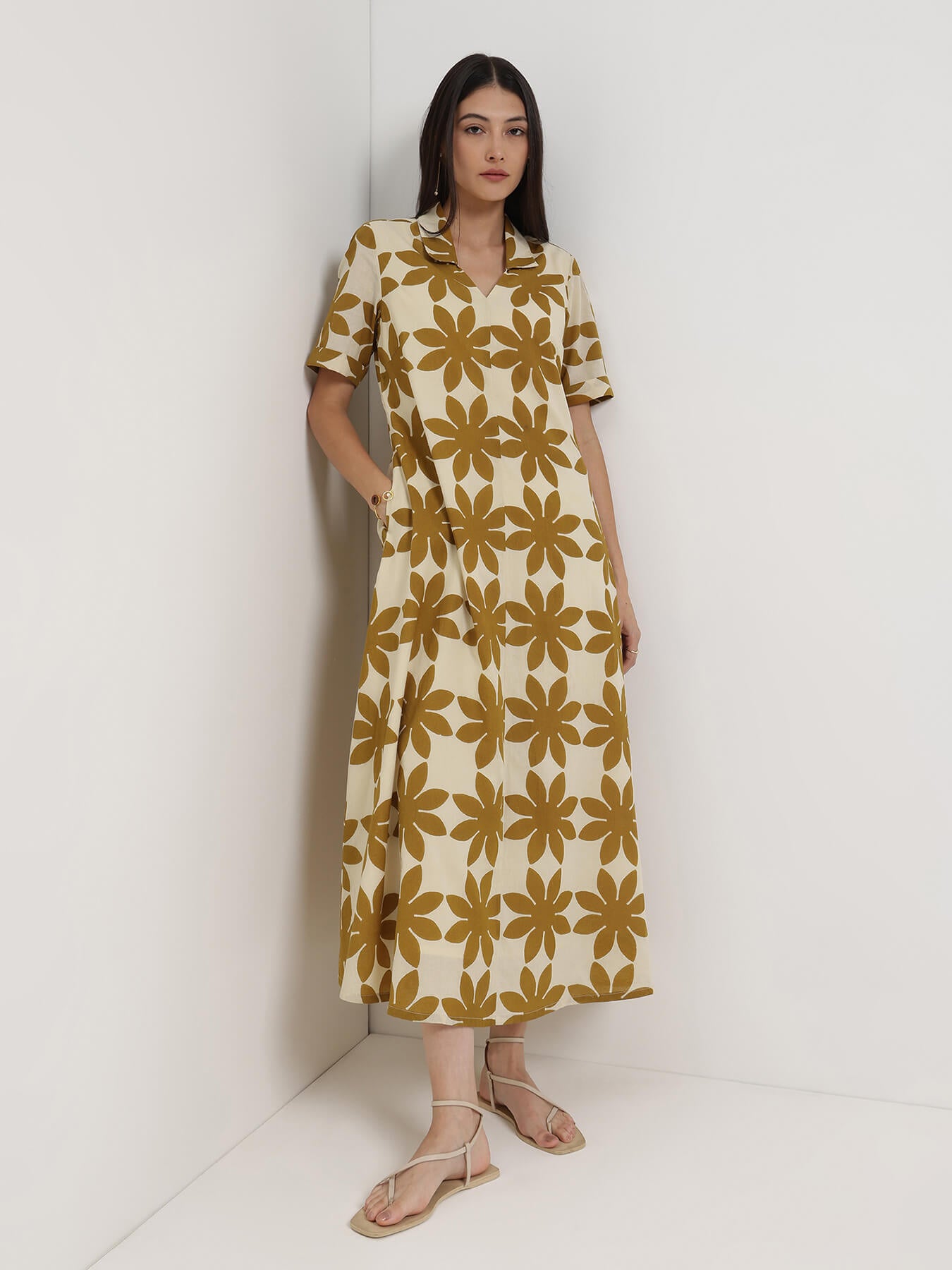 Cotton Floral Shirt Collar Dress - Off White and Mustard