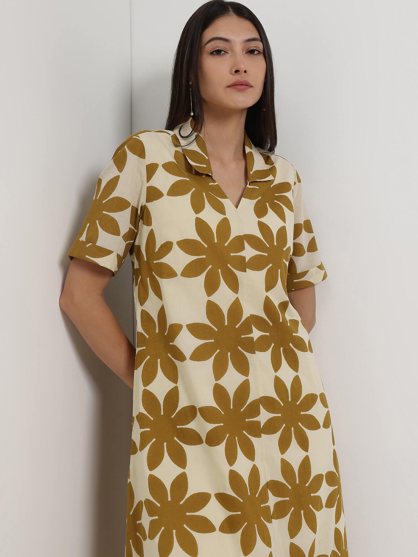 Cotton Floral Shirt Collar Dress - Off White and Mustard