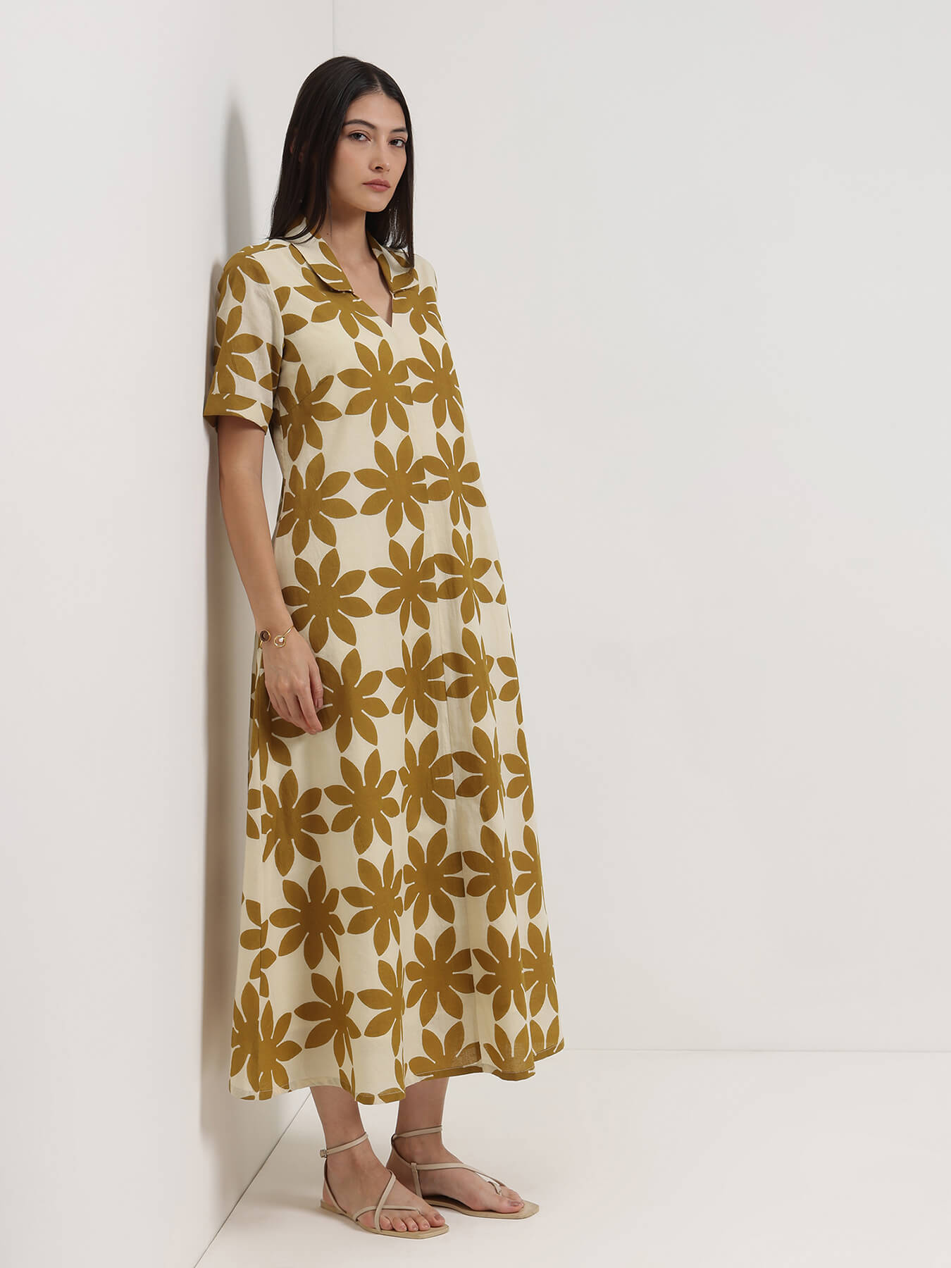 Cotton Floral Shirt Collar Dress - Off White and Mustard