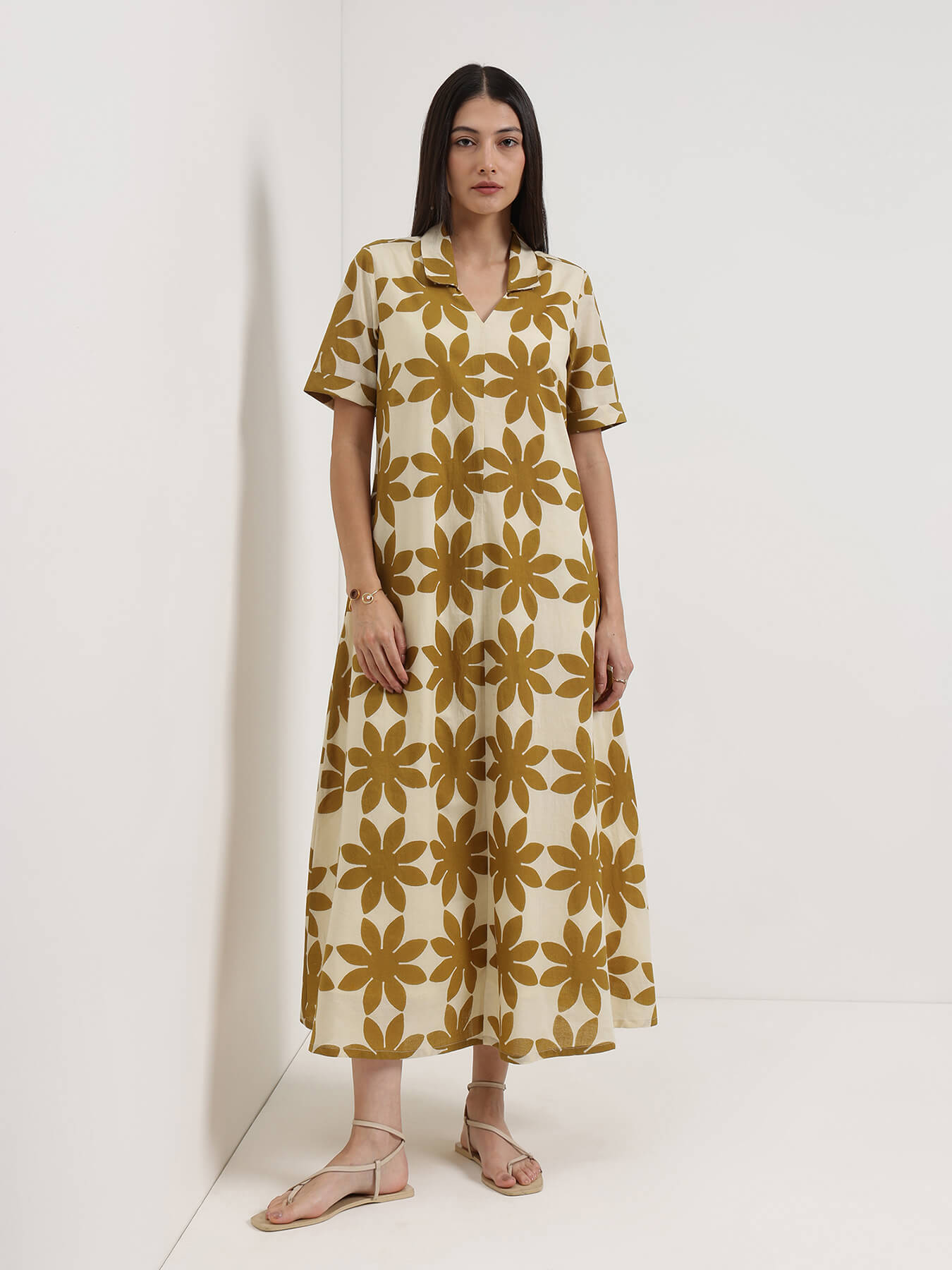 Cotton Floral Shirt Collar Dress - Off White and Mustard