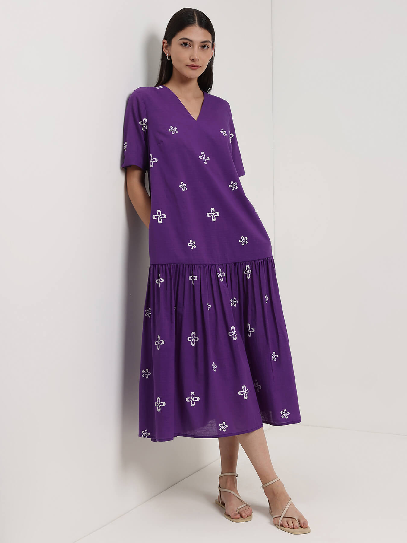 Cotton Floral Dress - Purple