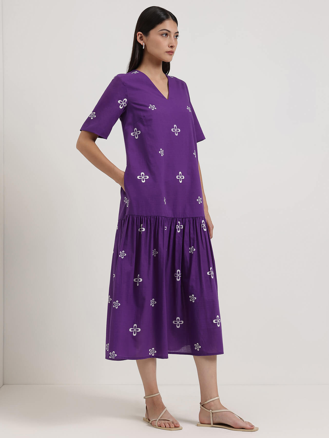 Cotton Floral Dress - Purple