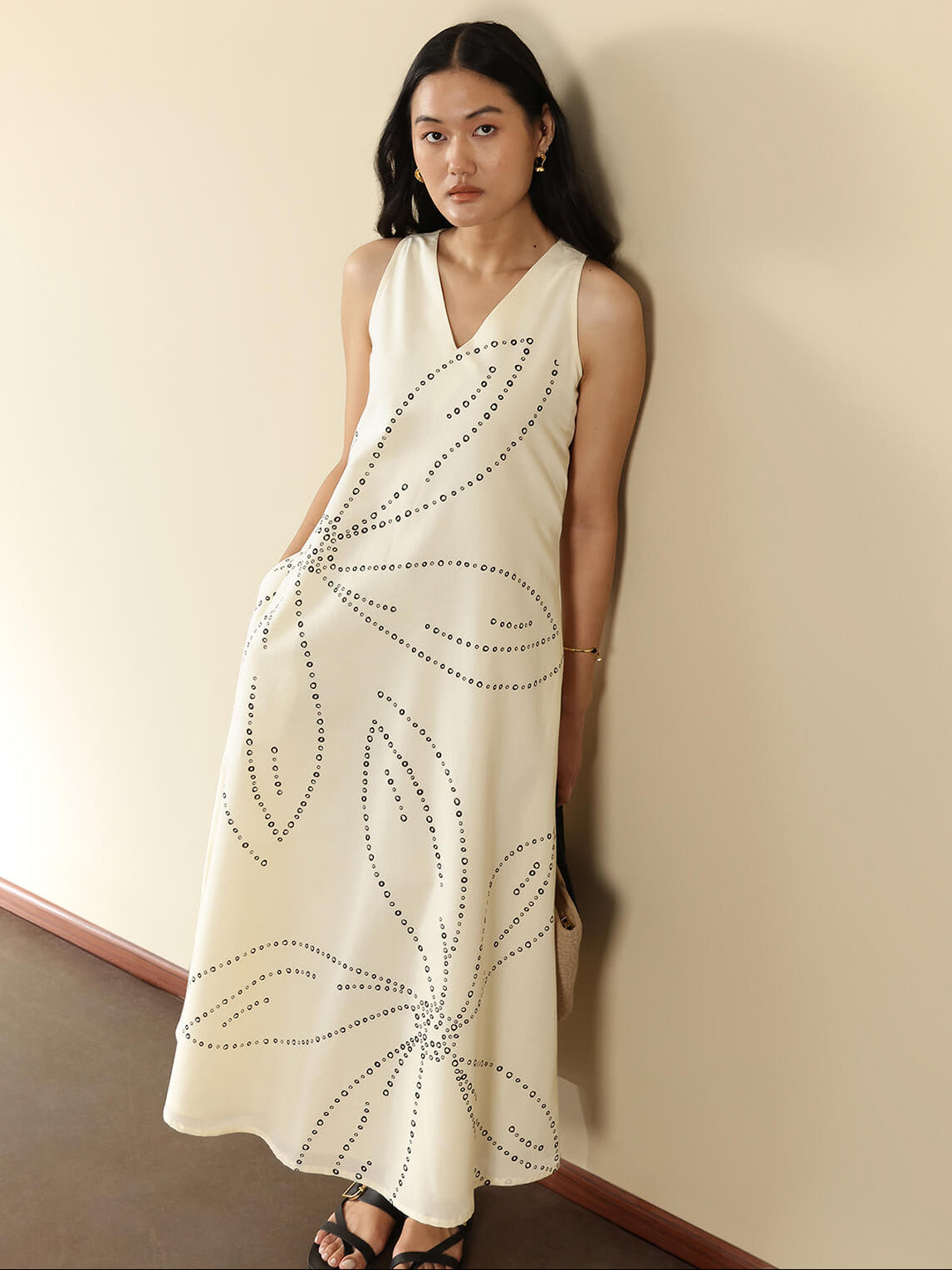 Cotton Floral Bandhani A-Line Dress - Off White