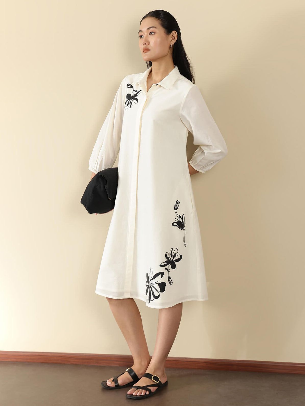 Cotton Floral Shirt Collar Dress - Off White