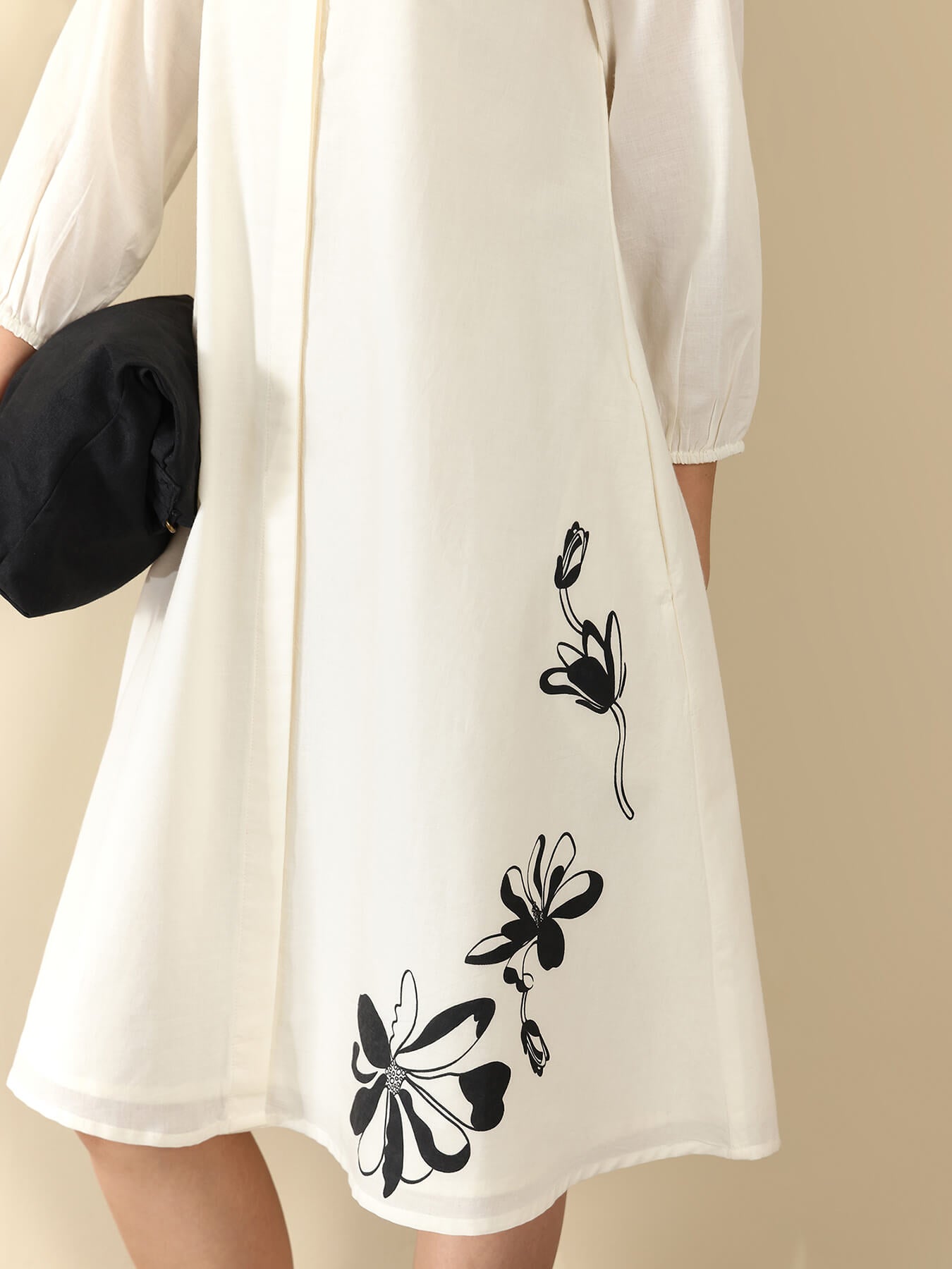 Cotton Floral Shirt Collar Dress - Off White