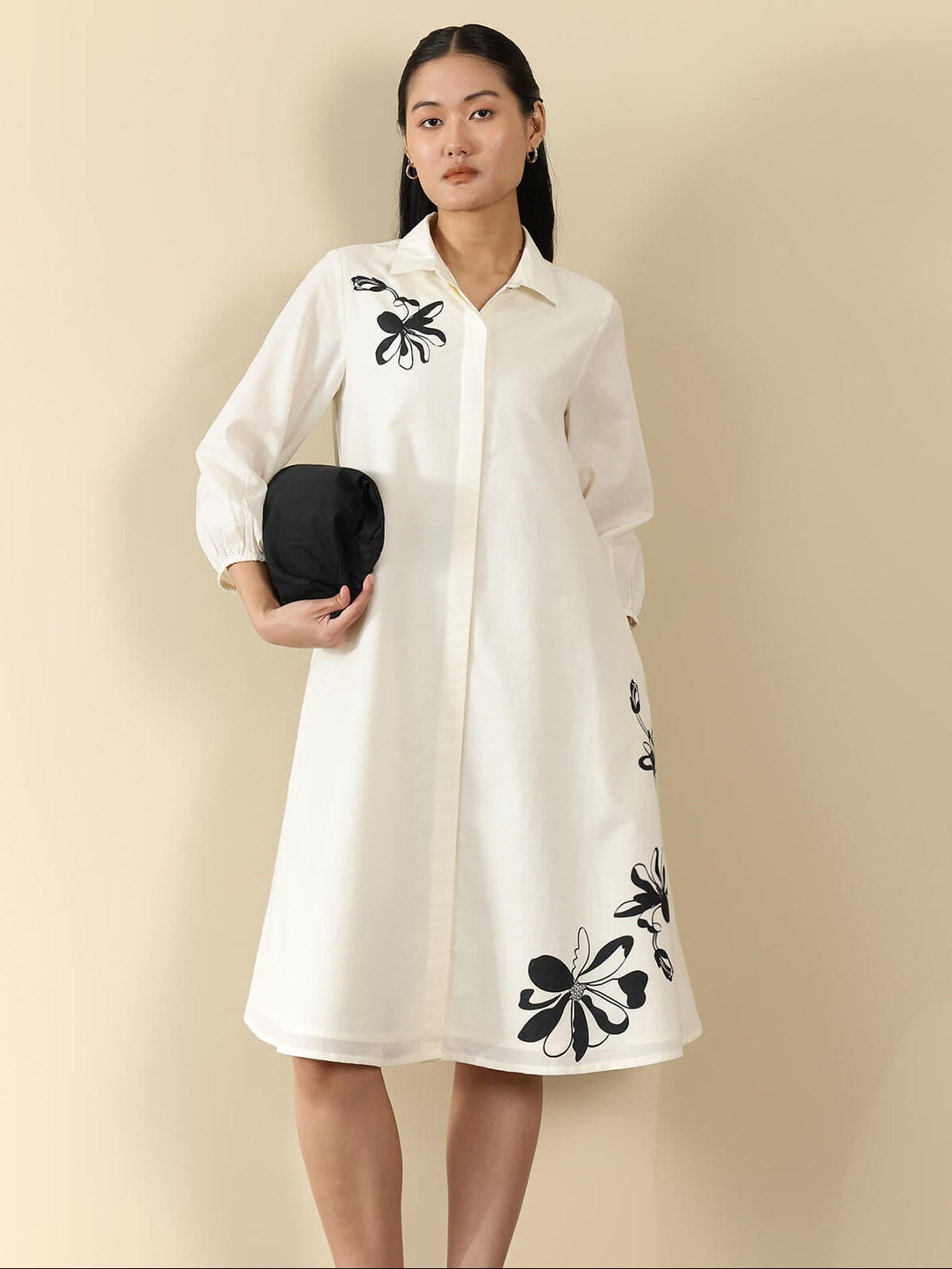 Cotton Floral Shirt Collar Dress - Off White