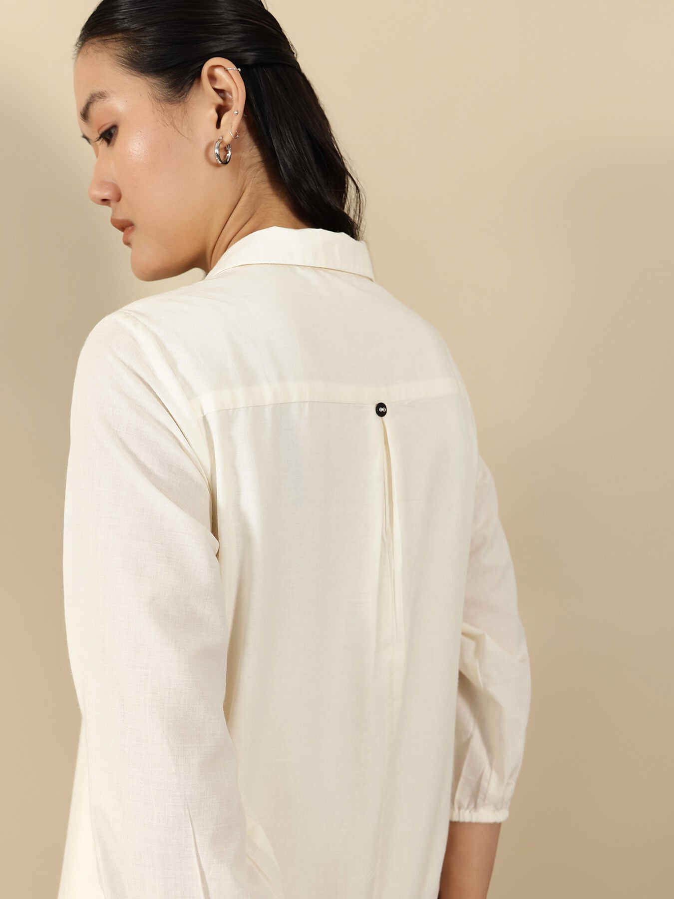 Cotton Floral Shirt Collar Dress - Off White