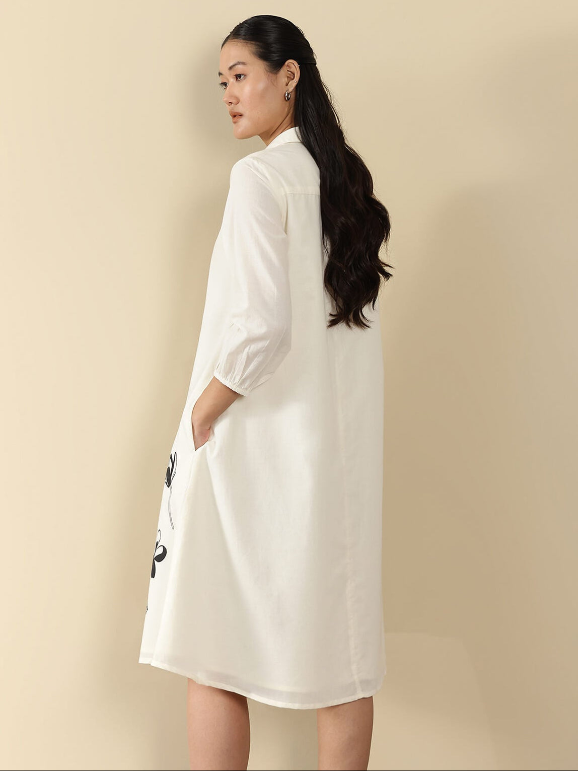 Cotton Floral Shirt Collar Dress - Off White