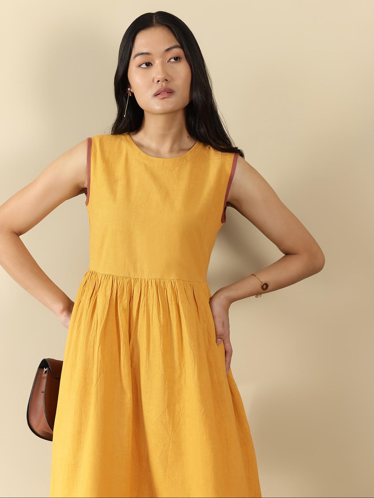 Linen Blend Solid Fit and Flare Dress - Yellow
