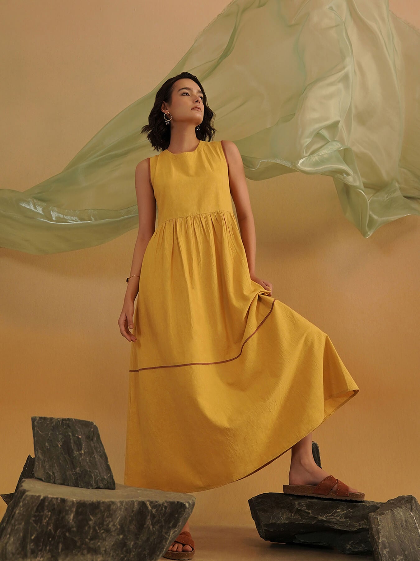 Linen Blend Solid Fit and Flare Dress - Yellow
