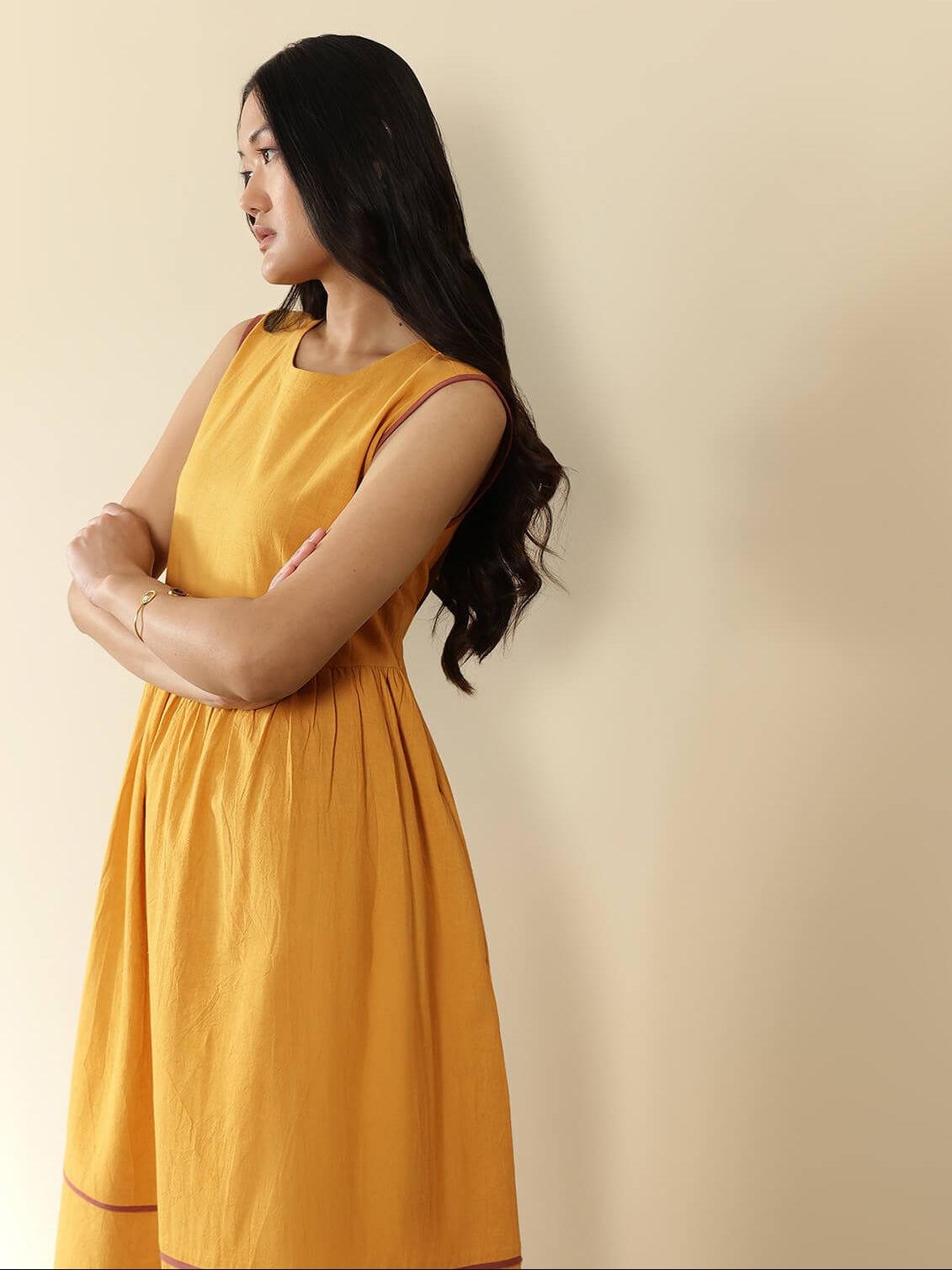 Linen Blend Solid Fit and Flare Dress - Yellow