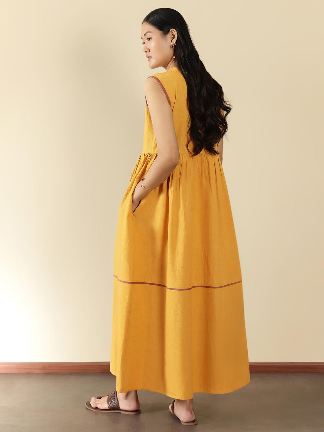 Linen Blend Solid Fit and Flare Dress - Yellow