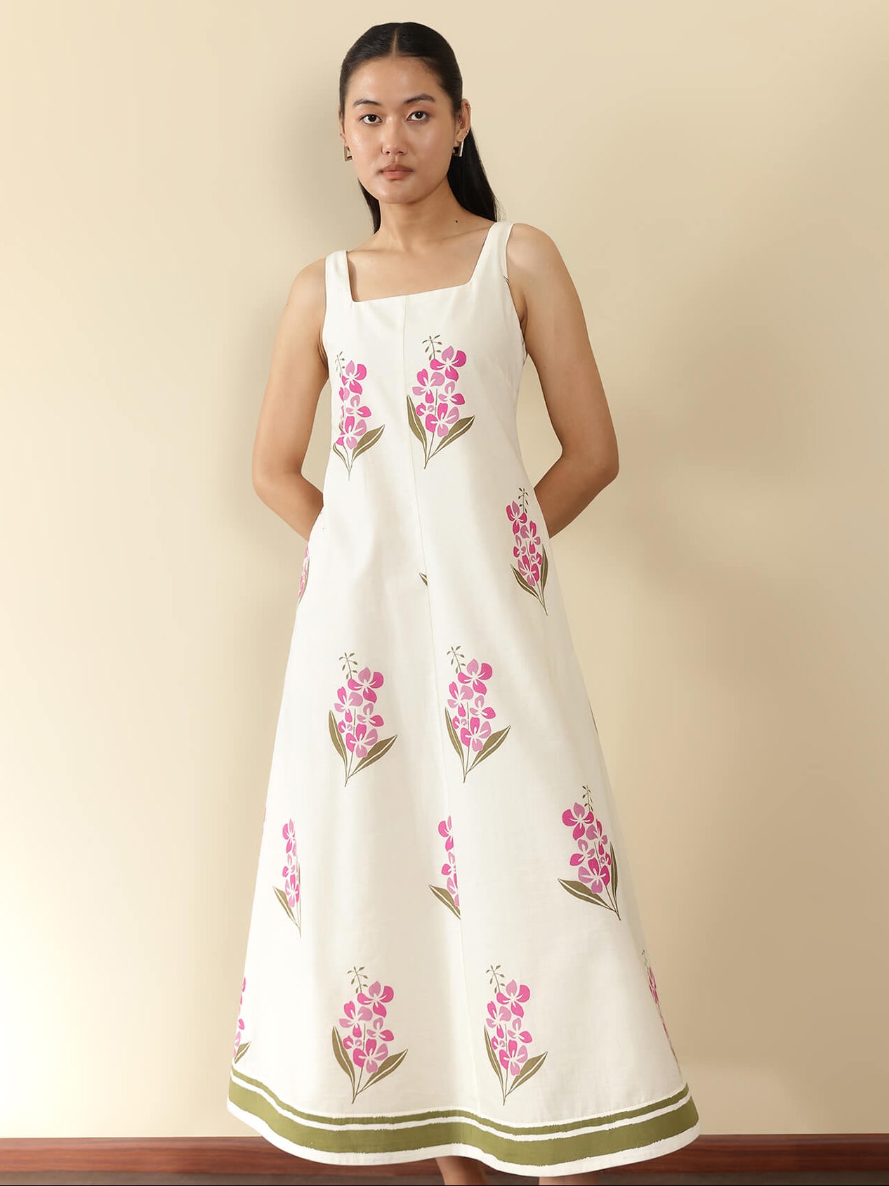 Cotton Floral A-Line Dress - Off White