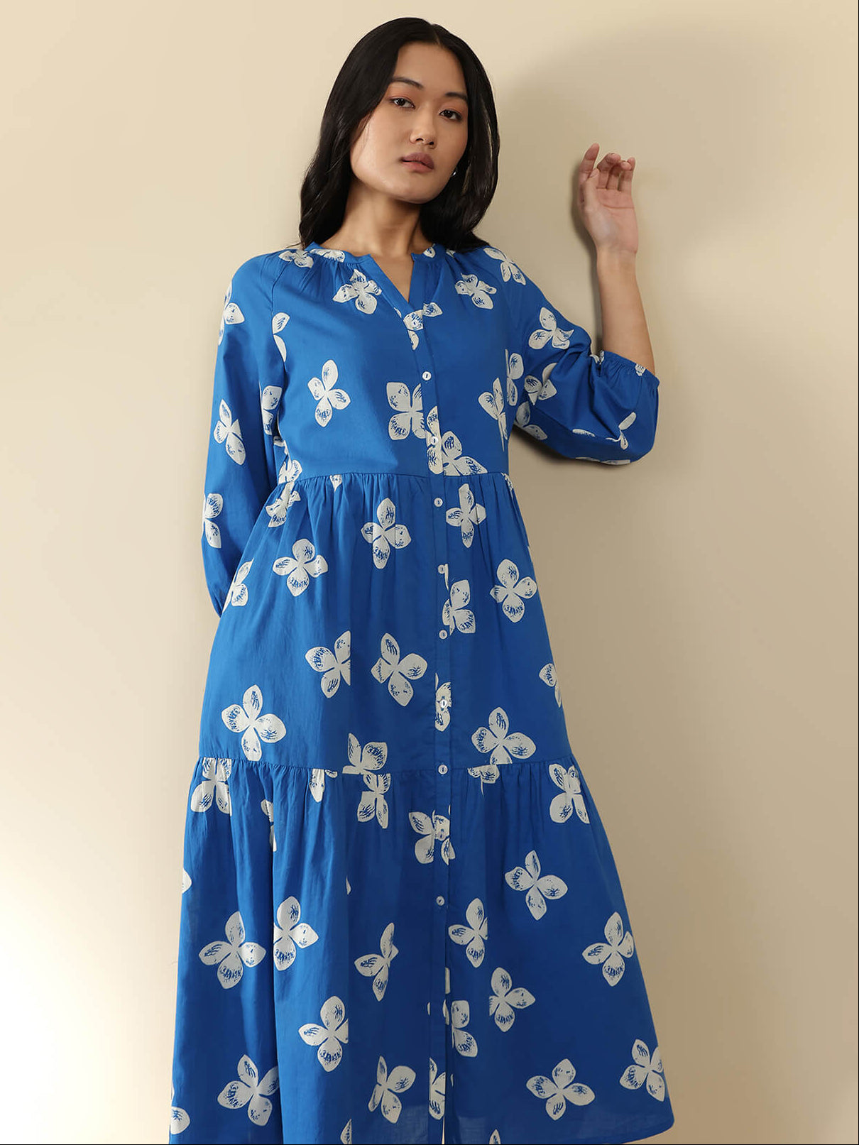 Cotton Floral Fit and Flare Dress - Blue