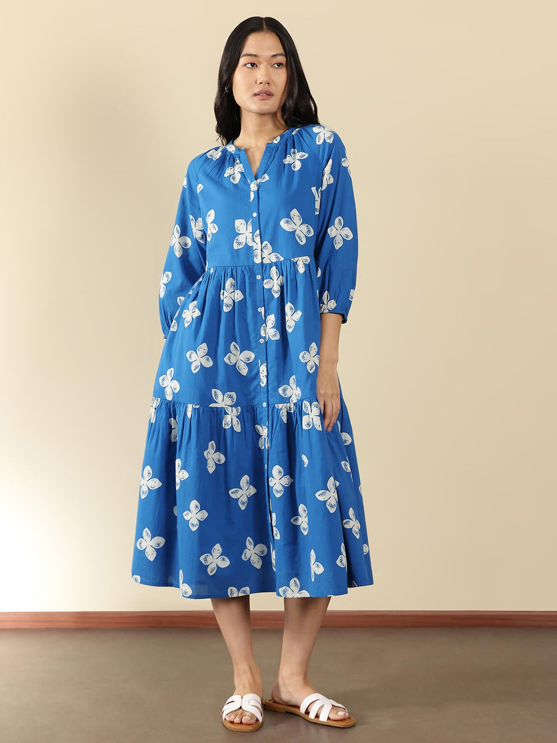 Cotton Floral Fit and Flare Dress - Blue