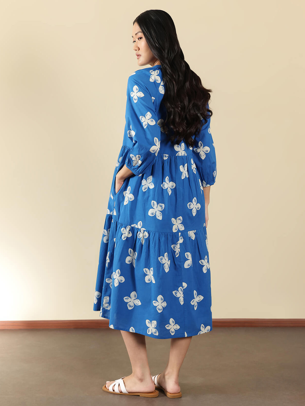 Cotton Floral Fit and Flare Dress - Blue