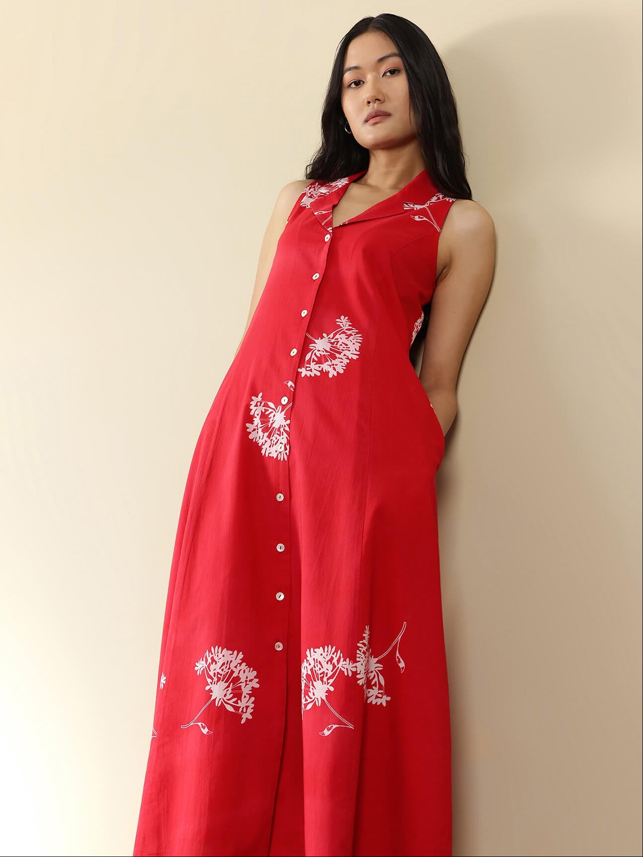 Cotton Floral Midi A-Line Dress - Red