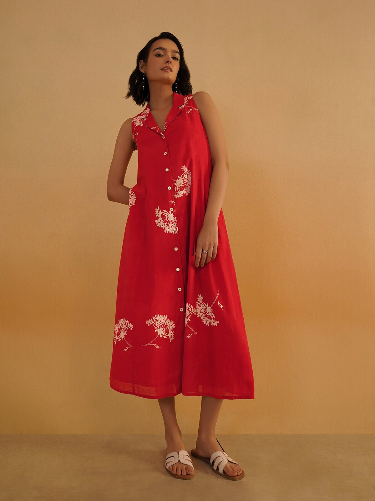 Cotton Floral Midi A-Line Dress - Red