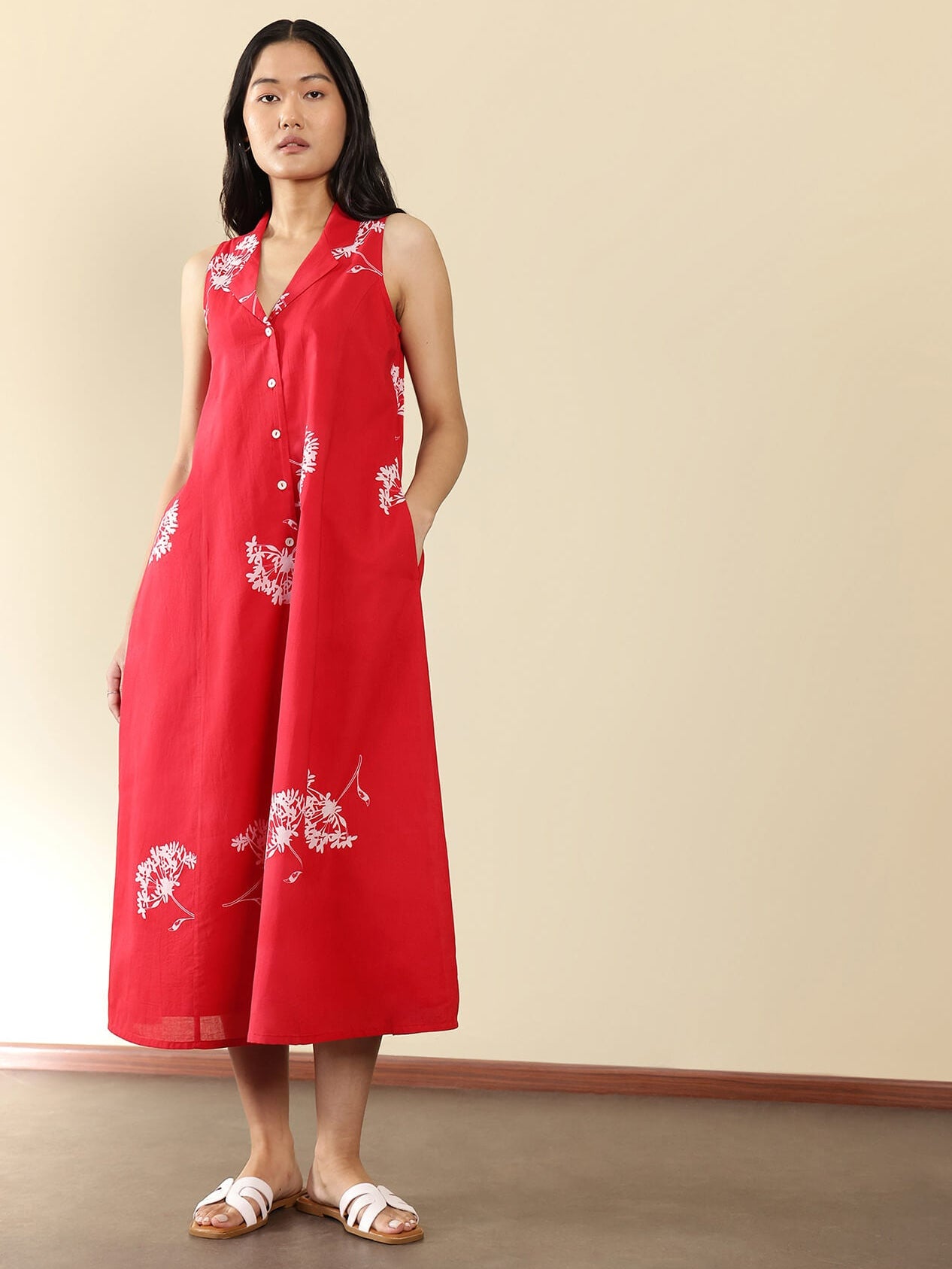 Cotton Floral Midi A-Line Dress - Red