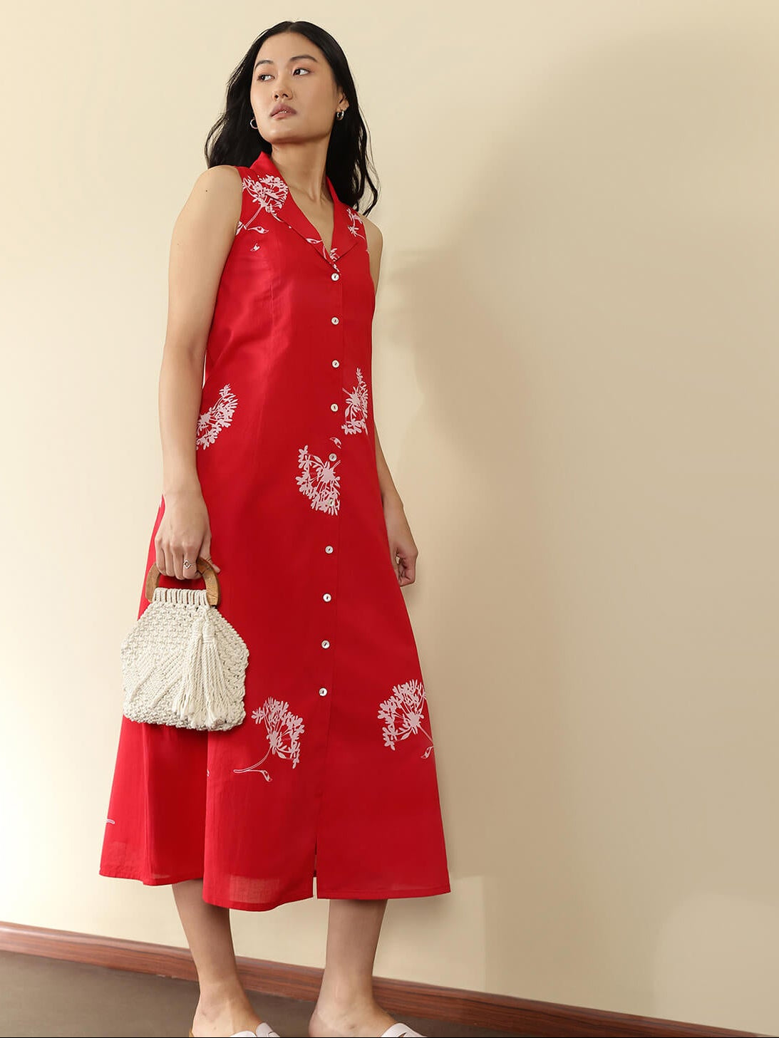 Cotton Floral Midi A-Line Dress - Red