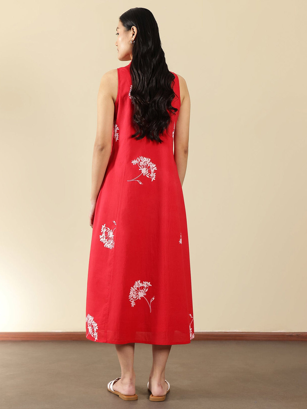Cotton Floral Midi A-Line Dress - Red