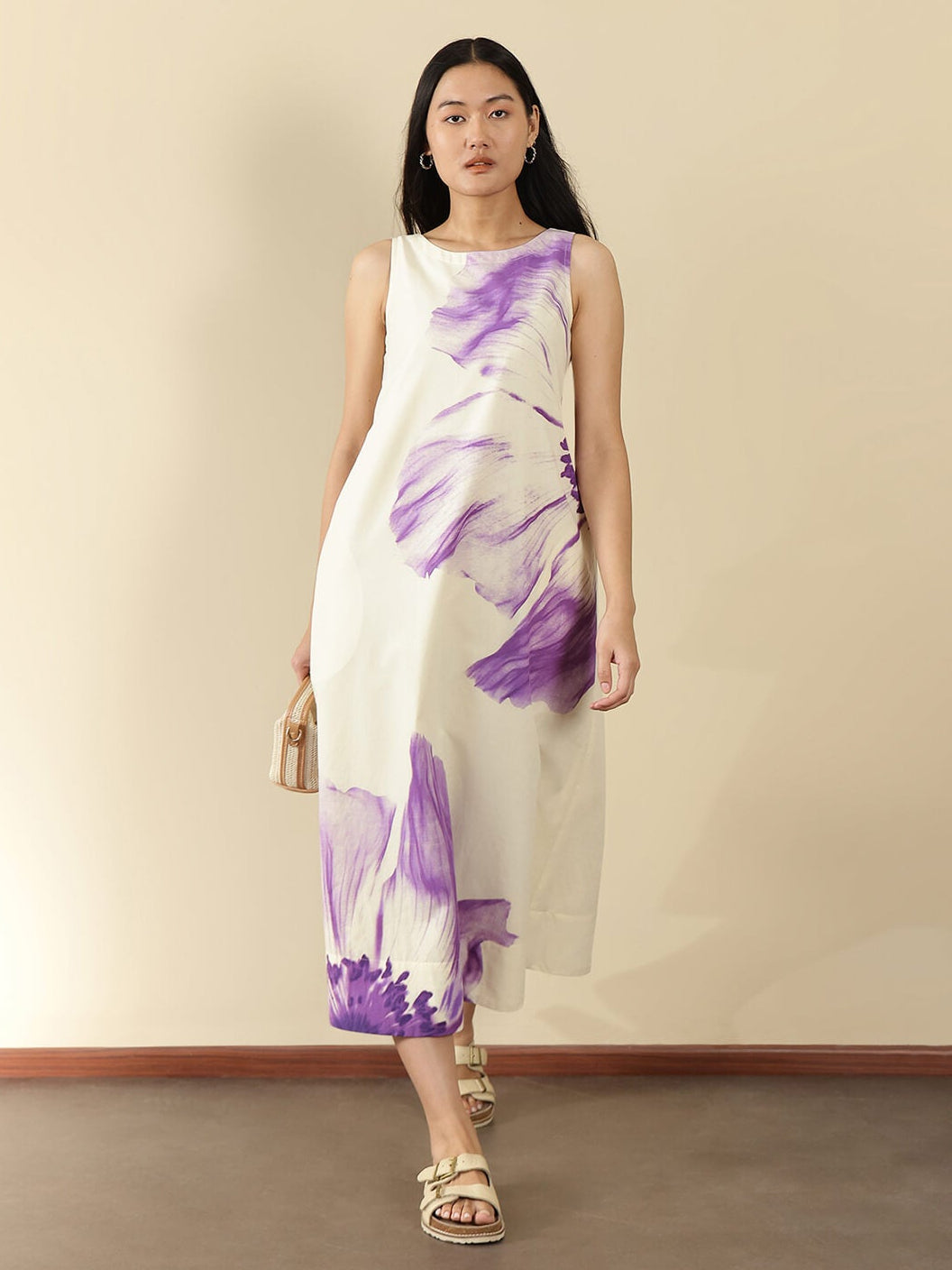 Cotton Placement Floral Dress - Off White
