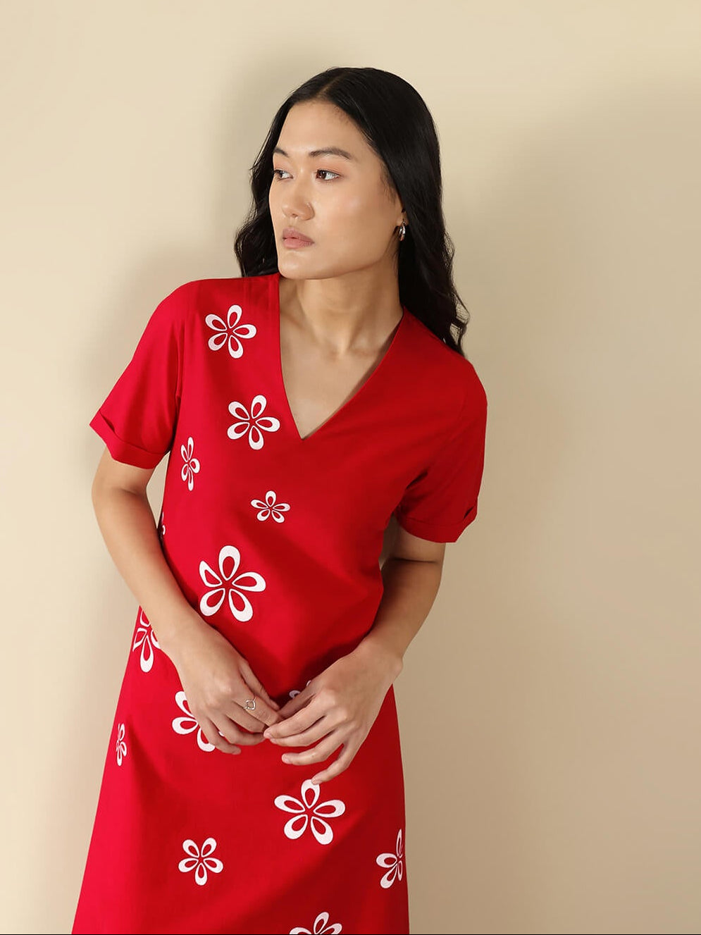 Cotton Floral V-Neck Midi Dress - Red