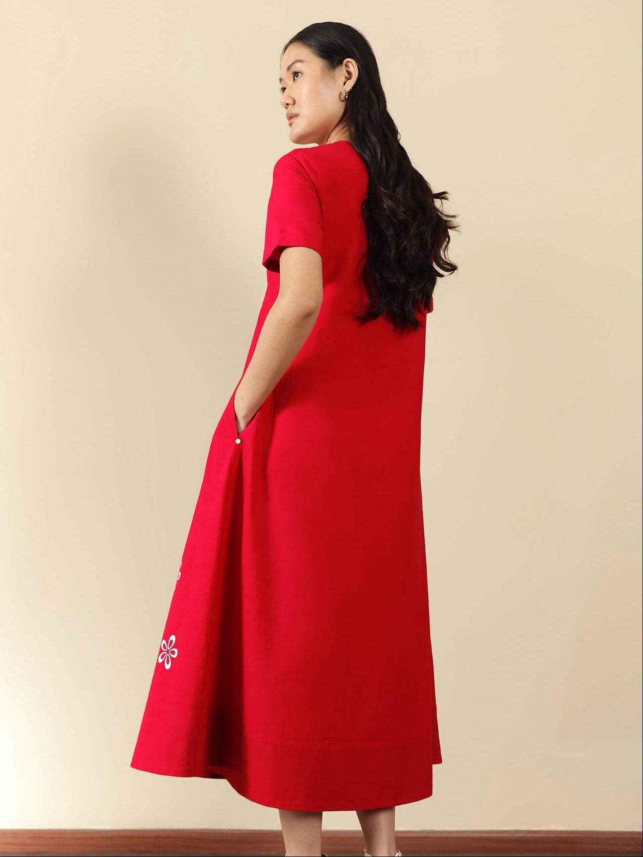 Cotton Floral V-Neck Midi Dress - Red