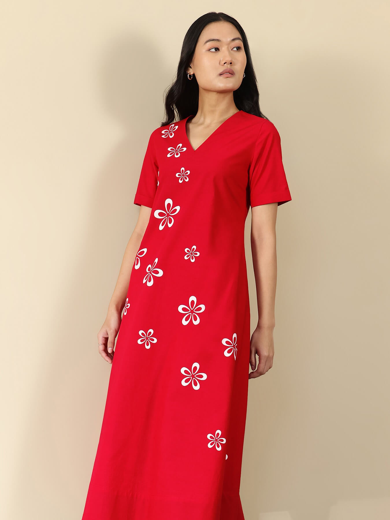 Cotton Floral V-Neck Midi Dress - Red